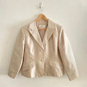 Oleg Cassini 3 Piece Suit Set 100% Silk Blazer Skirt Top Tan